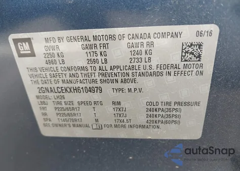 2017 Chevrolet Equinox Lt z USA, uszkodzony, nr VIN 2GNALCEKXH6104979